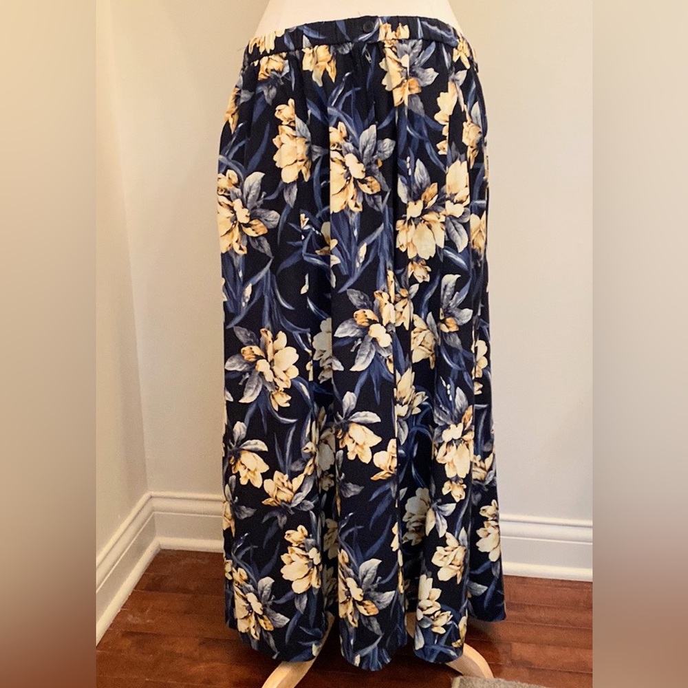 Koret Vintage Blue Yellow Floral Print 18W Grandmacore Boho Retro Academia Skirt - Picture 5 of 9